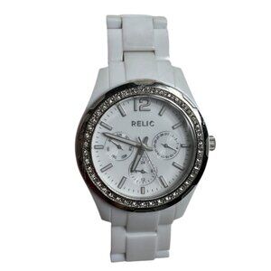 Relic Women's Analog Bracelet Wristwatch Watch White Silver Tone Faux Jewels 6"